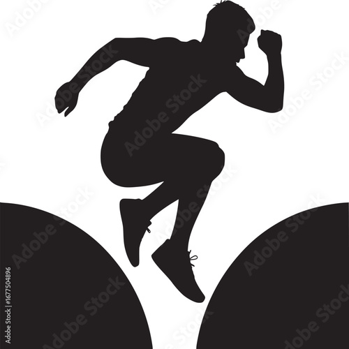 Silhouette of a man jumping over two rounded shapes in a dynamic pose against a white background