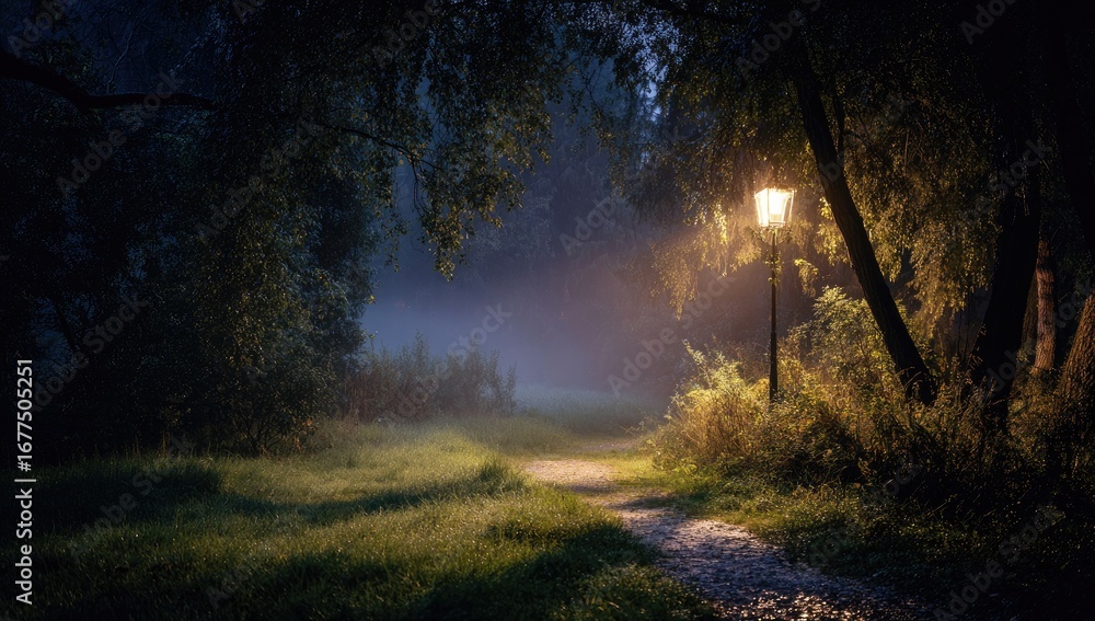 Obraz premium A misty, moonless night in a park; a solitary lamp illuminates a path winding through tall trees and dewy grass