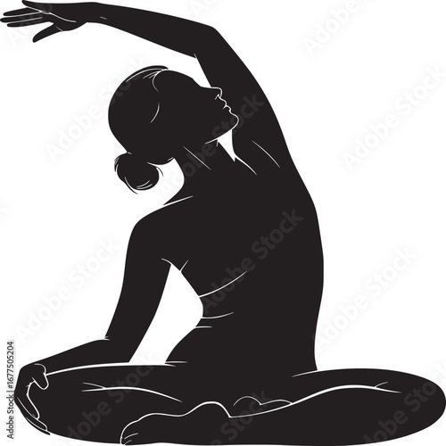 Silhouette of a woman in a seated yoga pose with one arm raised and stretching to the side
