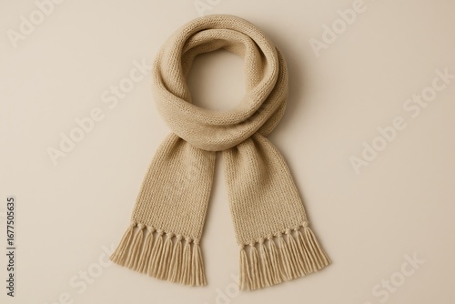 Beige knitted scarf with fringe winter fashion accessory