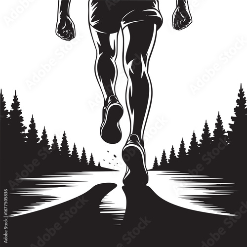 A monochrome depiction of a runner on a path surrounded by trees in a stylized black and white scene