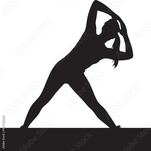 Silhouette of a woman stretching with arms raised above her head in a yoga or exercise position