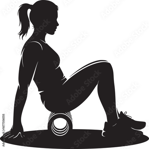 Silhouette of woman using foam roller for exercise and muscle recovery on a white background