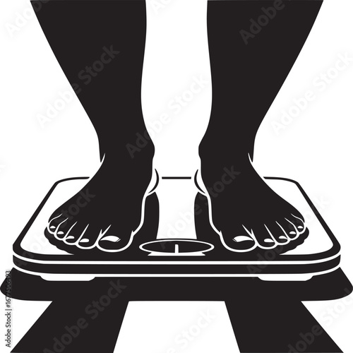 A graphic illustration of bare feet standing on a bathroom scale in black and white monochrome art