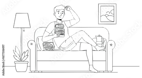 Vector illustration of a young man relaxing on a couch, looking puzzled while holding a stack of burgers, representing indecision and unhealthy eating habits