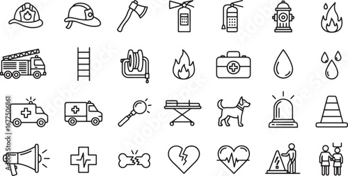 A collection of line icons representing emergency services, firefighting equipment, medical aid symbols, and public safety concepts for design projects