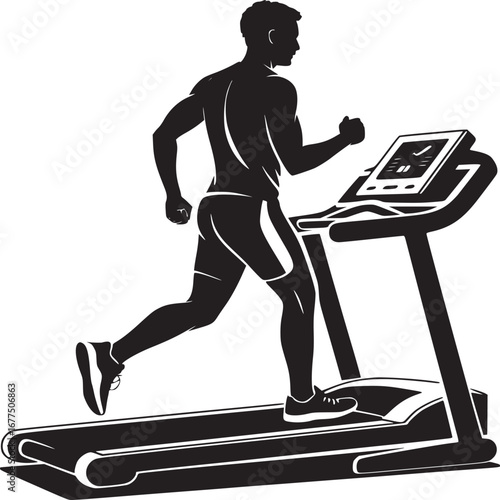 Silhouette of a man running on a treadmill with display in a black and white illustration style