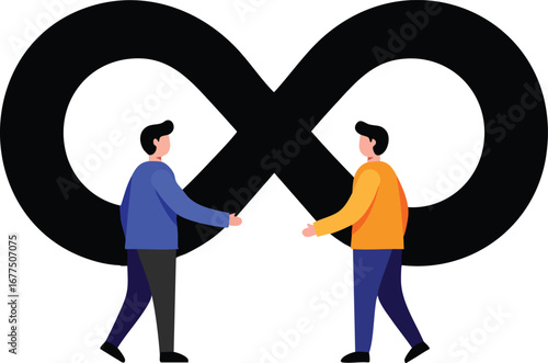 Two men shaking hands in front of black infinity symbol representing partnership and endless possibilities vector illustration 