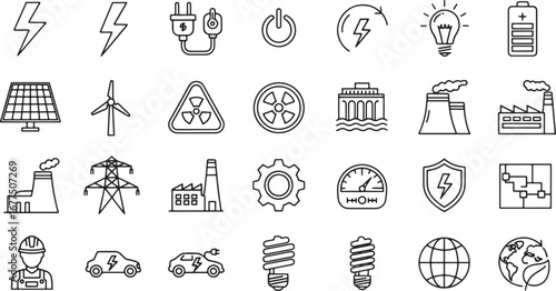 Minimalist outline icons for energy and electricity renewable sources, power generation, transmission, consumption, and sustainable technology solutions