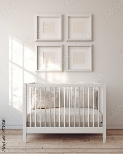 White nursery with crib and framed art