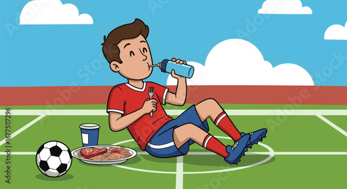Soccer player relaxing on the field after a match, enjoying a meal and a drink