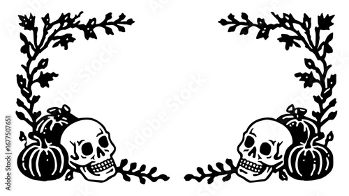 Vintage illustration featuring two skulls and pumpkins framed by dark decorative branches creating a central space for text