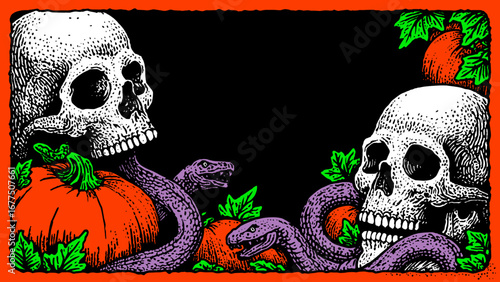 A dark and artistic illustration featuring skulls pumpkins and snakes Decorative elements create a Halloween or gothic theme