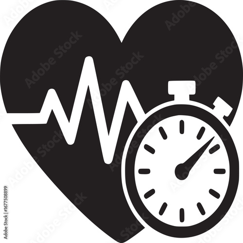 A black heart with a white heartbeat line and a stopwatch on a white background in a flat style
