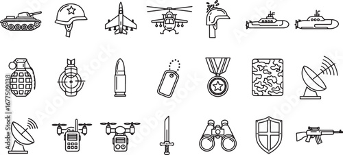 Monochrome outline icons representing military equipment, army vehicles, and warfare symbols for defense and combat concepts