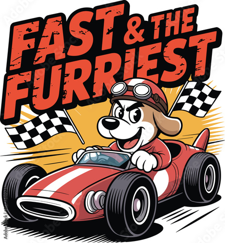 A fun cartoon illustration of a red racing car with a ribbon driving down a road