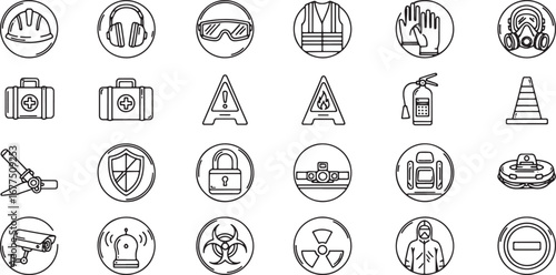 A comprehensive set of thin line icons representing occupational health, workplace safety, hazard warnings, and security