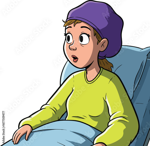 Young girl in purple hat sitting in bed with surprised expression vector illustration 