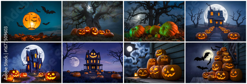 Spooky Halloween pumpkins and haunted houses jack o lanterns