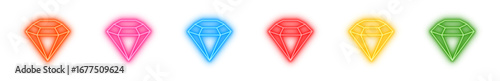 Colorful glowing neon diamond gem icons set isolated on transparent background, shiny crystal shapes, bright jewel outline vector illustration