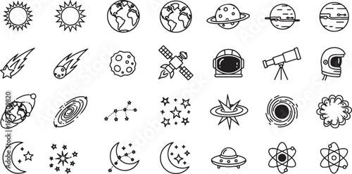 Cosmos and astronomy linear icon set. Collection of simple outline symbols for space and science themes