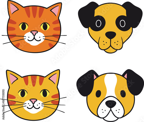 Cute cat and dog faces vector illustration with orange and brown colors in simple style for pet design and animal lovers 