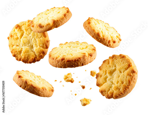 Golden Shortbread Cookies Falling in Mid-Air, Isolated on Transparent Background