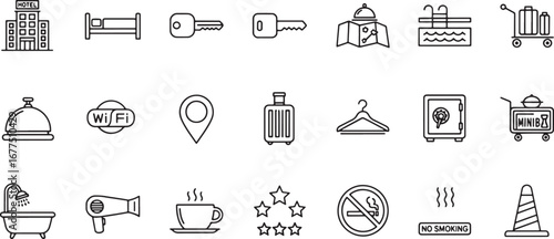 Hotel and hospitality service outline icon set. Collection of simple linear symbols for booking, travel, and vacation