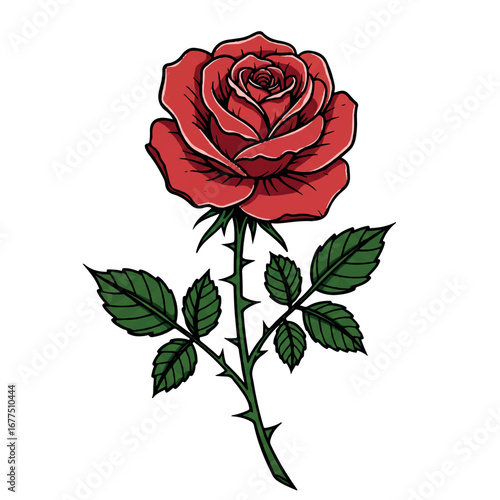 A dramatic vector illustration of a blooming rose with prominent thorns and sharp leaves, rendered in a bold stencil outline and intense floral tattoo style, vertical composition.