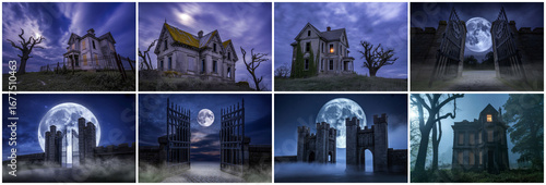 Spooky haunted houses and gates under moonlit skies