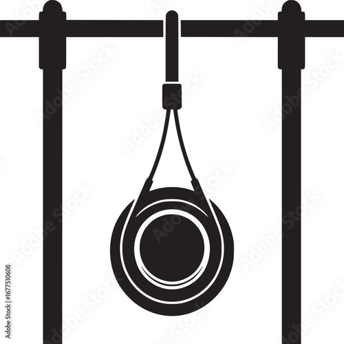 A black and white illustration of a hanging target with a stand on a white background graphic art