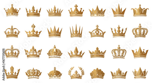 Collection of elegant golden crowns representing royalty, power, and victory, perfect for branding and design.
