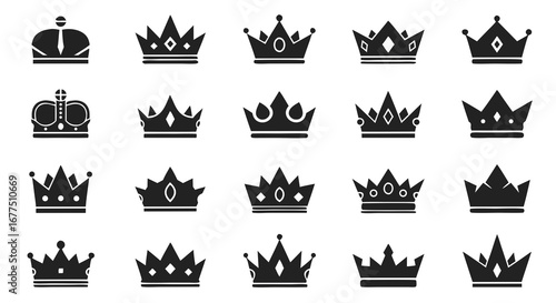 Collection of various crown icons symbolizing royalty leadership status and achievement presented in a modern graphic style