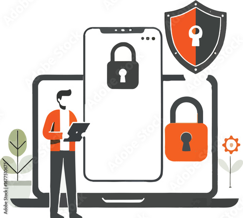 Man with Tablet Near Laptop Smartphone Padlocks Security Shield