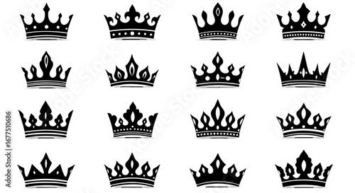 Collection of elegant black royal crowns symbolizing power, prestige, and monarchy in a striking presentation