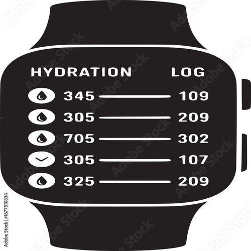 A black and white illustration of a smartwatch displaying a hydration log with numerical data