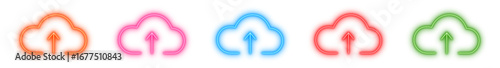 Set of colorful neon cloud upload icons with glowing outline isolated on transparent background vector illustration for technology, storage, internet, and digital data center