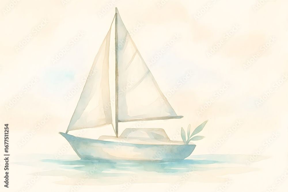 Fototapeta premium Watercolor sailboat drifting on calm water with blue reflections and beige sky, soft lighting and paper texture, ideal for coastal travel posters, nautical invitations, backgrounds.