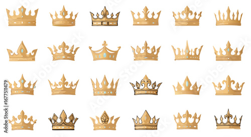 Collection of golden crowns symbolizing royalty, power, victory, and achievement, perfect for luxury branding and success themes.