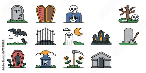 Illustrated collection of diverse monument icons including tombstones, mausoleums, memorial arches, grave markers, and memorial trees, perfect for heritage, remembrance, and historical themes.
