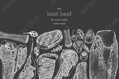 Butchery Shop Chalk Board Design Template. Vector Hand Drawn Meat Banner. Vintage Style Bar B Q Menu Illustration.