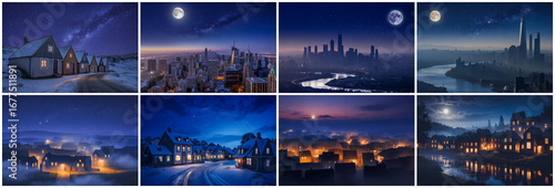 Winter village night sky stars