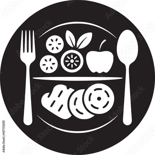 A black and white illustration of a plate of food with a fork and spoon on a black background