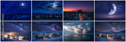 Winter village starry night sky image