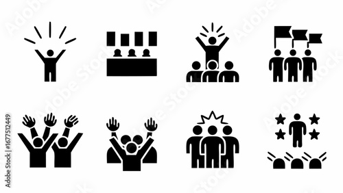 Illustration showing various scenarios of people in crowds and leadership positions in black and white silhouette