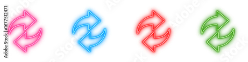 Colorful neon glowing reload arrows set vector illustration, curved refresh, reload, direction icons isolated on transparent background