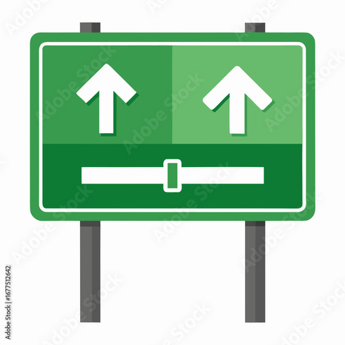 Green road signs indicating straight ahead and left turn directions