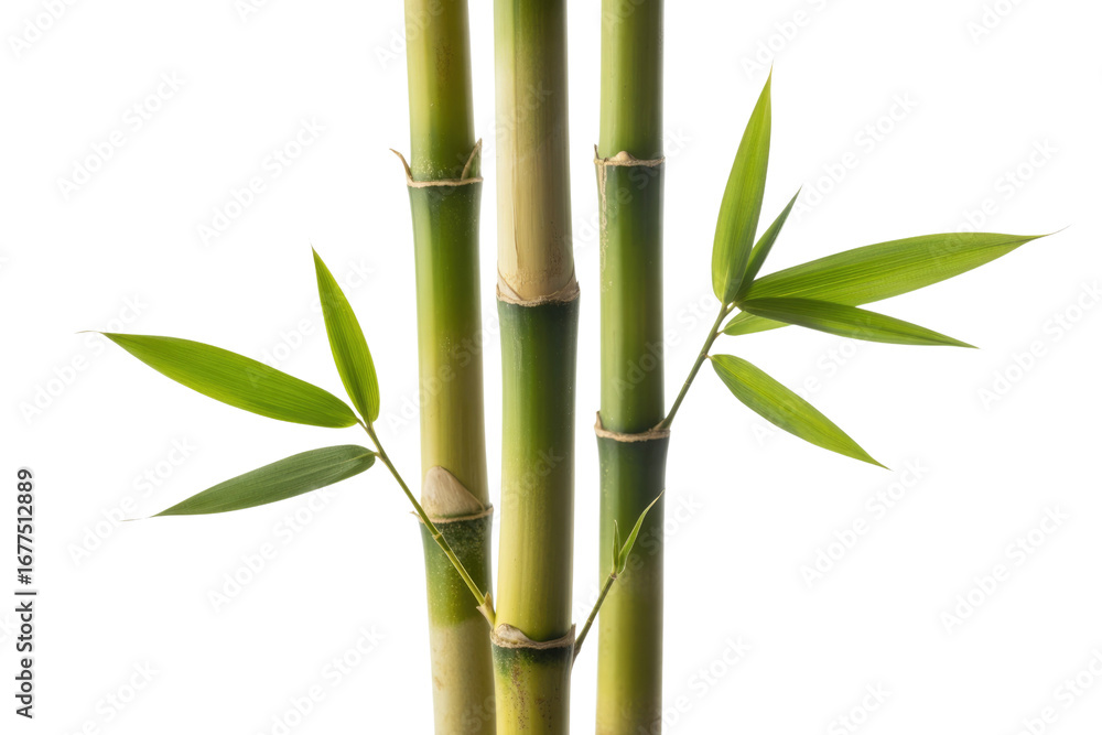Naklejka premium Three vibrant green bamboo stalks with lush leaves against a transparent background. background removed