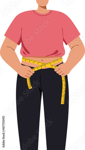 Person measuring waist with yellow tape for fitness or weight loss concept vector illustration 