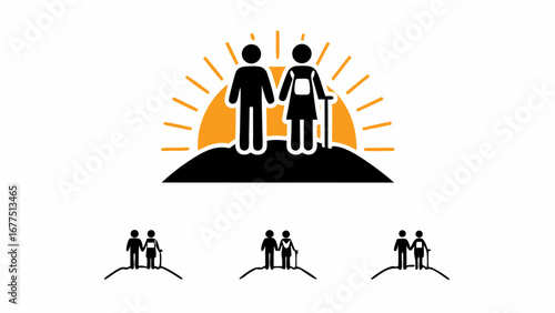 Elderly couple standing on a hill with a sunset behind them in black and orange with additional small images silhouette